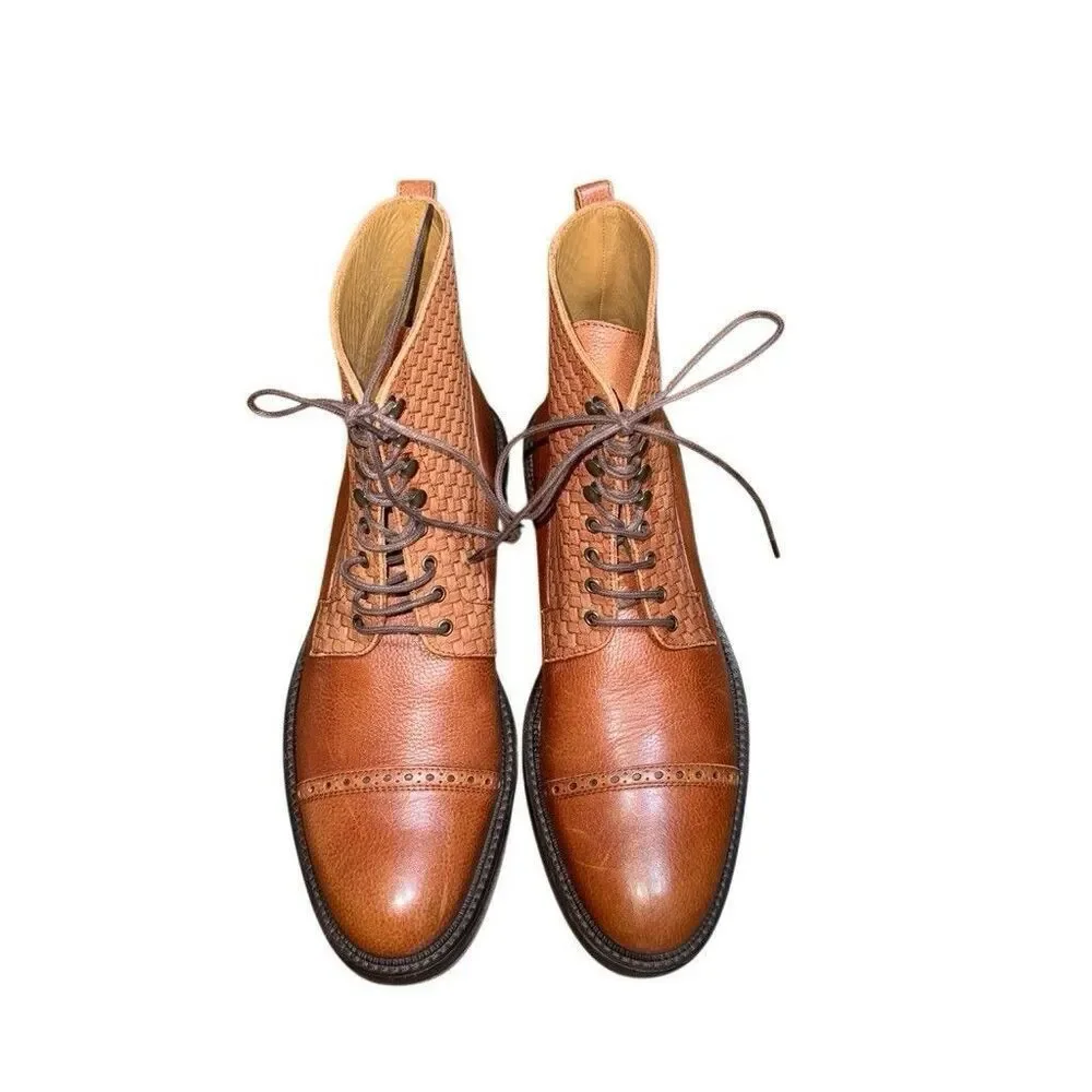 TAFT Combat Boots Mens Size 41 Brown Leather Cap Toe Lace Up Woven Spain Casual